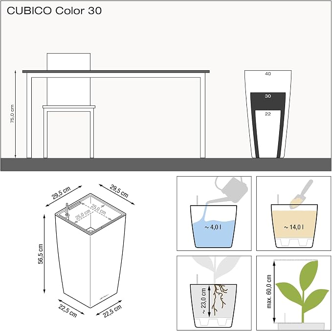 Lechuza CUBICO Color 30 Nutmeg, Self-Watering Tall Planter, H22 L11.8 W11.8 in