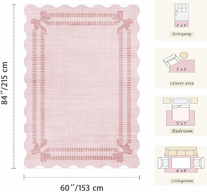 Latte&Fog Washable 6x9 Area Rugs for Living Room Scalloped Pink Rugs Girls | for Dining Kitchen Kids Nursery Playroom Guest Room Classroom Dorm Farmhouse Office, Non Slip Low Pile Soft Bow Carpets