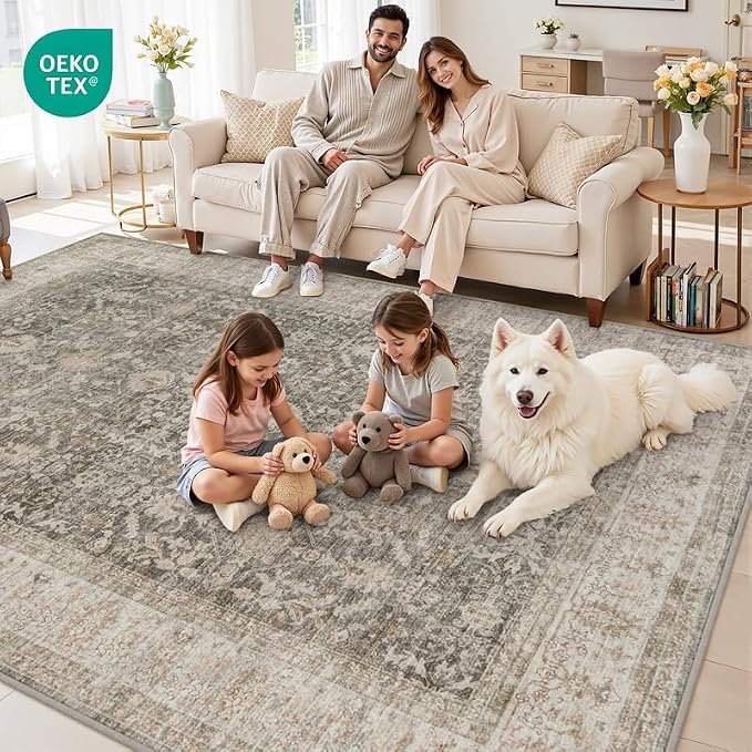 8x10 Area Rugs Living Room: Bedroom Washable Carpet Warm Taupe | Large Vintage Boho Indoor Decor Neutral Soft Nursery Farmhouse Dining Room Office Floor Non-Slip Low Pile Under Table Rug