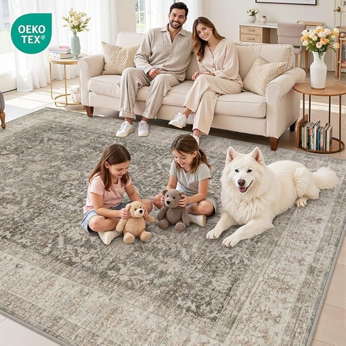 Area Rugs 9x12 Living Room: Bedroom Washable Carpet Warm Taupe | Large Vintage Boho Indoor Decor Neutral Soft Nursery Farmhouse Dining Room Office Floor Non-Slip Low Pile Under Table Rug