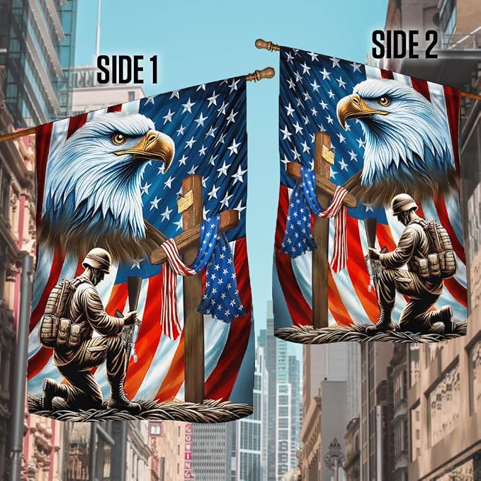 American Flag-Patriotic Eagle Veteran Kneeling Soldier Christ Cross Memorial Day American Flag MLN2793F, Garden Flag (11.5" x 17.5")-USA Flags Premium Polyester-Decorative Indoor Outdoor Flag