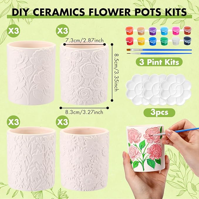Zubebe 12 Pcs Paint Your Own Ceramic Pots Bulk Unfinished Succulent Pots Craft Kit with Drainage Hole Mini Paintable Plant Vase Ready to Paint Planter for Cactus DIY Craft (Elegant Flowers Cylinder)