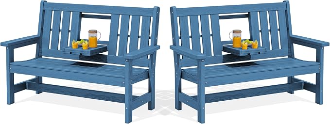 SERWALL HDPE Outdoor Bench with Cup Holder Oversized 58" Porch Bench, Navy | Suitable for 3 Person, Heavy-duty, High Backrest, Weatherproof Material Patio Benches for Garden, Park, Yard, Front Porch