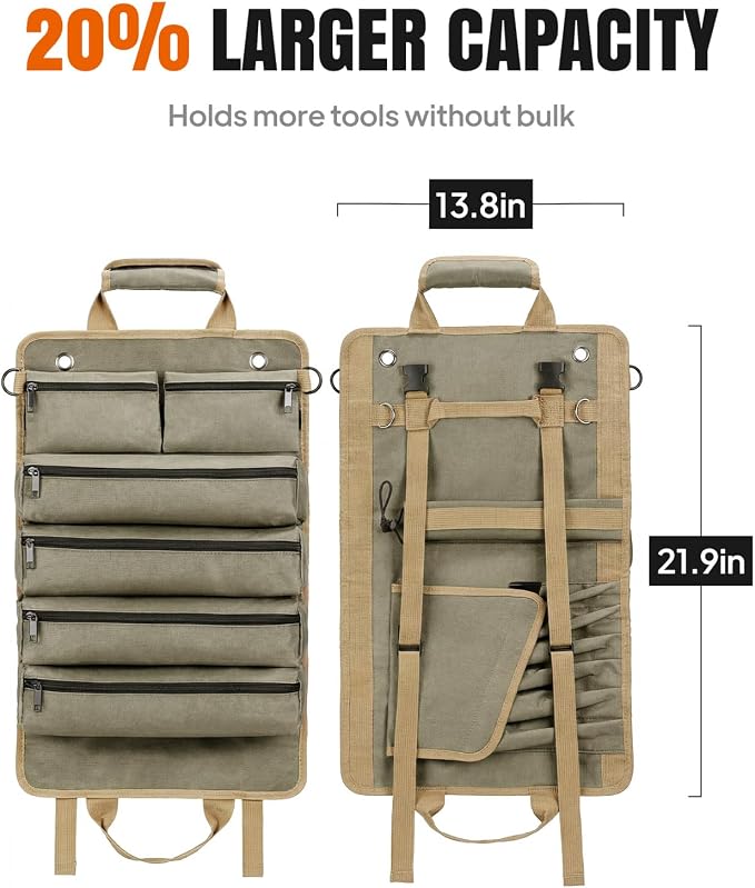 Tool Roll Up Bag, 1680D Heavy Duty Tool Bag Organizer with 2 Detachable Tool Pouches & Multiple Pockets, Waterproof Motorcycle Tool Roll for Mechanic & Electrician, Gift for Men Him Dad, 21.9"*13.8"