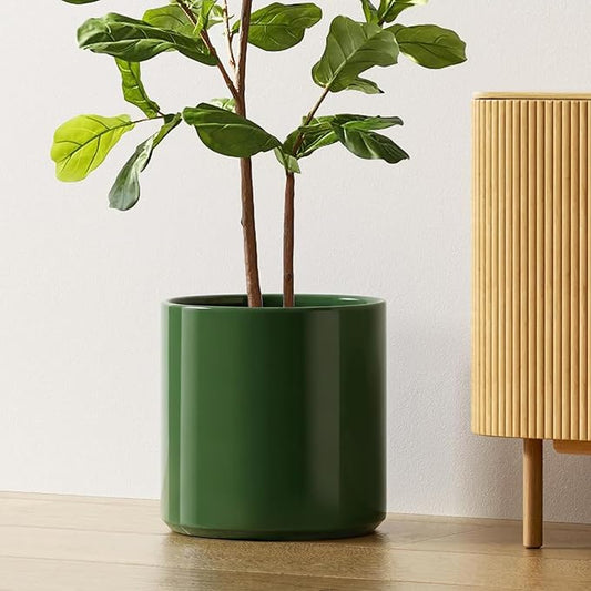 LE TAUCI 12 Inch Pot for Plants, Ceramic Planters for Indoor Plants, Mid-Century Modern Cylinder Flower Pots with Drainage Hole, Fits Fiddle Leaf Fig & Monstera, Home Decor, Bamboo Green