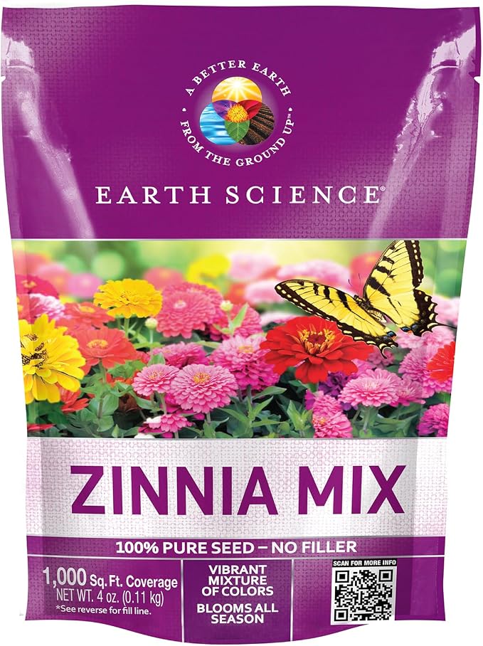 Earth Science Zinnia Seeds - 4oz, Over 12,000 Seeds, Non-GMO, No Harmful Chemicals or Pesticides, 1,000 Sq. Ft. of Vibrant Wildflower Blooms, Drought Tolerant and Easy to Grow