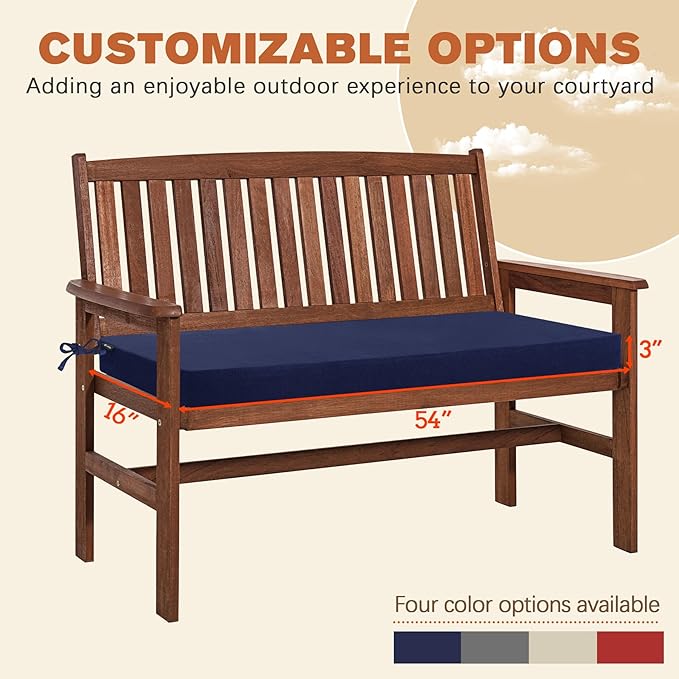 Favoyard Outdoor Bench Cushion 54 x 16 Inch Rainproof Patio Furniture Cushions 3-Year Color Fastness Garden Settee Porch Pads with Ties, Blue