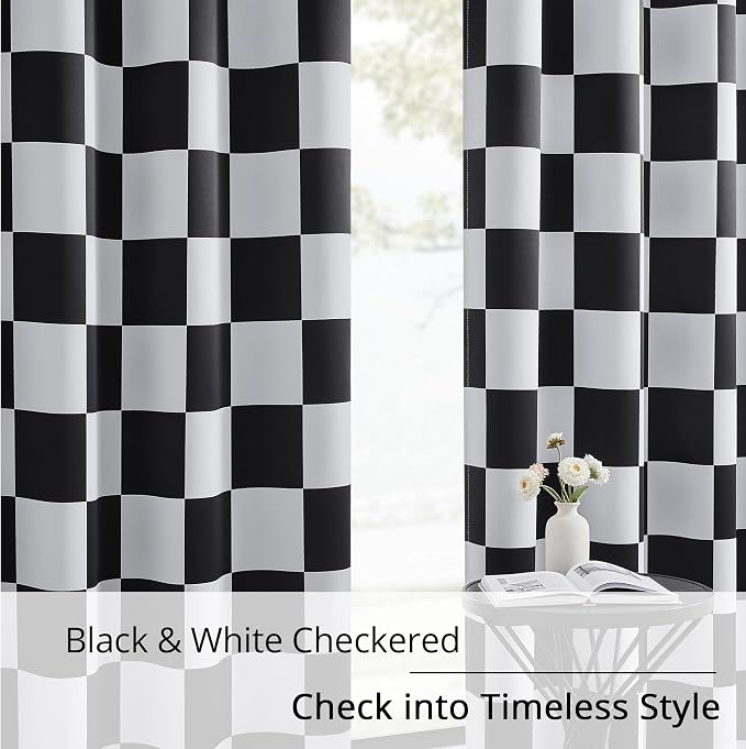 100% Blackout Curtains – Black and White Checkered Race Flag Pattern, 2 Panels, Each W52×L108, Thermal Insulated, Nosie Reducing for Bedroom, Living Room, Race car Drapes