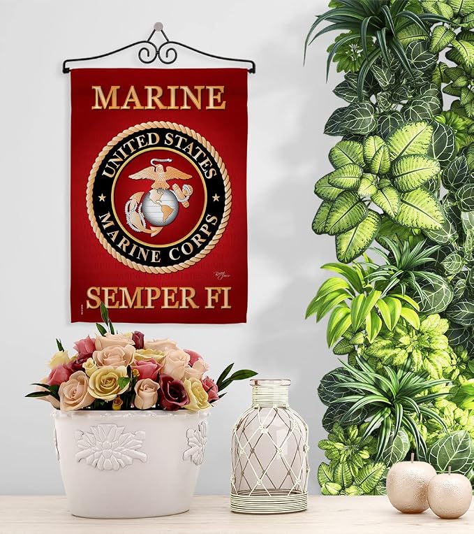Marine Corps Garden Flag - Set Wall Hanger Armed Forces USMC Semper Fi United State American Military Veteran Retire Official - House Banner Small Yard Gift Double-Sided Made in USA 13 X 18.5