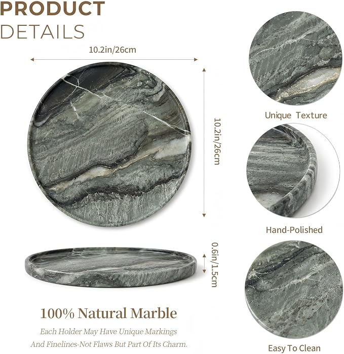 Real Natural Marble Round Tray 10.2in Solid Stone Decorative Plate | 26cm Luxury Green Marble Decor Tray for Candle, Jewelry, Plant. Food-Safe Solid Stone Serving Dish with Unique Veining