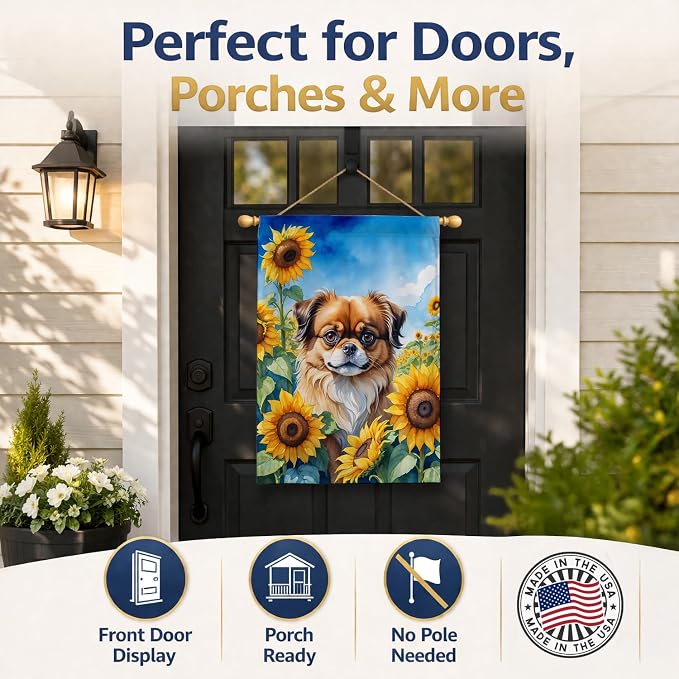 Caroline's Treasures DAC6167CHF Tibetan Spaniel in Sunflowers House Flag Large Porch Sleeve Pole Decorative Outside Yard Banner Artwork Wall Hanging, Polyester, House Size, Multicolor