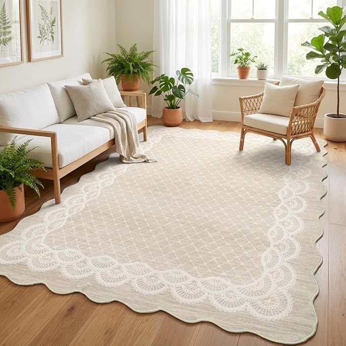 Garvee Washable Scalloped 9x12 Area Rug for Living Room, Lace Beige Rug | Soft Non Slip Rugs for Bedroom, Low Pile Neutral Rug, Stain Resistant Foldable Carpet for Playroom Dorm, Farmhouse Rugs