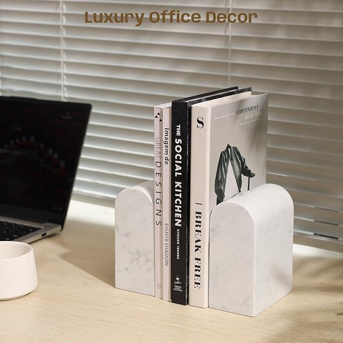 Marble Bookends for Shelves, Decorative Book Ends, 13lbs Heavy-Duty Marble Book Holders, Stone Bookshelf Decor, Carrara White