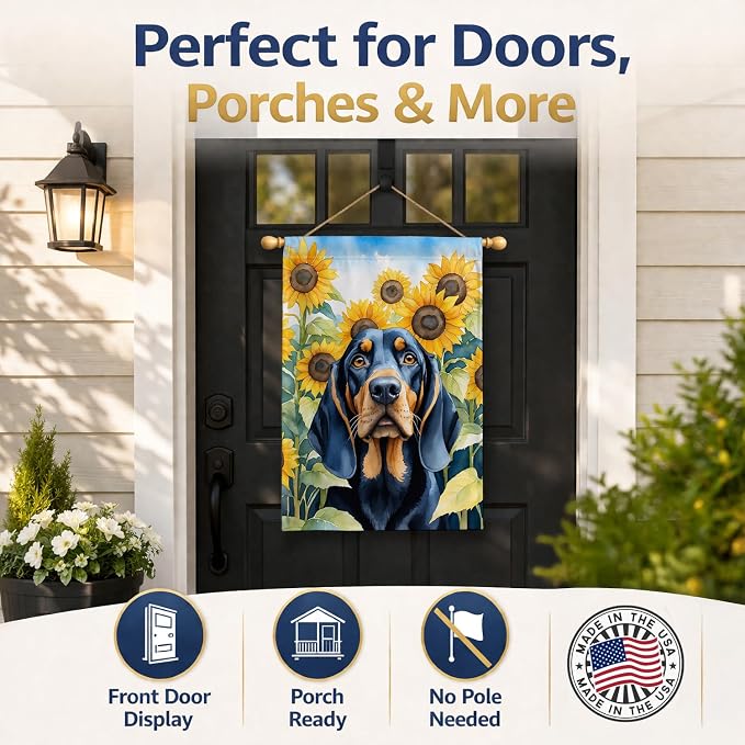 Caroline's Treasures DAC6028CHF Black and Tan Coonhound in Sunflowers House Flag Large Porch Sleeve Pole Decorative Outside Yard Banner Artwork Wall Hanging, Polyester, House Size, Multicolor