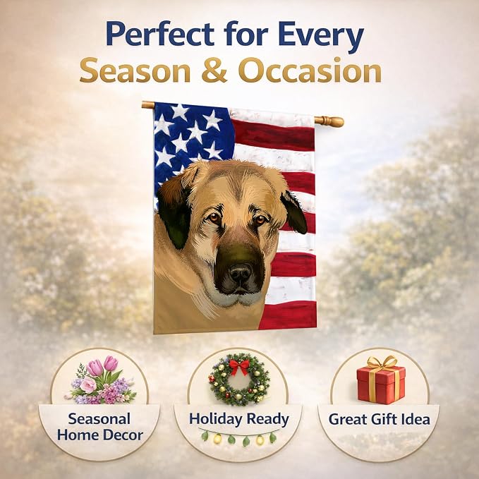Caroline's Treasures CK6403CHF Anatolian Shepherd Dog American Flag House Flag Large Porch Sleeve Pole Decorative Outside Yard Banner Artwork Wall Hanging, Polyester, House Size, Multicolor