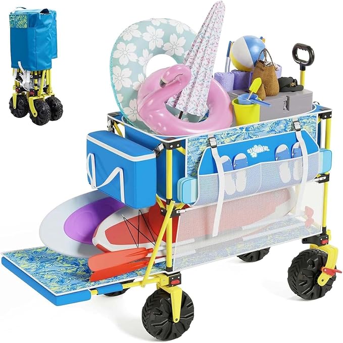 Double Decker Beach Wagon Cart, 400L Extra Large Capacity, 450lbs Heavy Duty, 54" Extendable Tailgate, All-Terrain Wheels with Brakes, Cooler Bag, Cup Holders & Side Pockets for Beach Camping Shoping