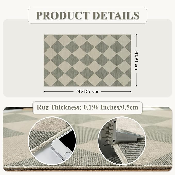 Beeiva Checkered Print Bedroom Area Rug 3x5, Non Slip Ultra Thin Washable Entryway Rug Low Pile Soft Bathroom Rugs Green, Moroccan Farmhouse Trellis Throw Rugs for Kitchen Office Kids Room