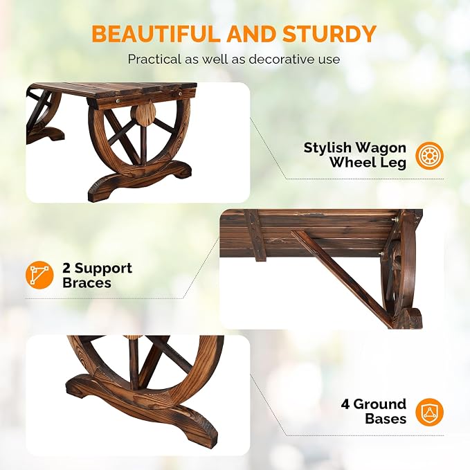 VINGLI Rustic Wooden Wheel Bench Outdoor Bench, Patio Bench Wagon Slatted Seat, Garden Benches for Outdoors 350lbs High Capacity, Weather Resistance (Rustic, 38in)