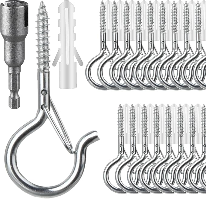 FSAH 24 PCS Q-Hanger Hooks, Screw Hooks for Outdoor String Lights, Safety Buckle Design Cup Eye Hook for Hanging Christmas Lights, Plants, Mounted on Wall Ceiling, Include 1 Wing Nut Driver, Silver