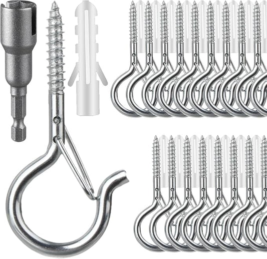 FSAH 36 PCS Q-Hanger Hooks, Screw Hooks for Outdoor String Lights, Safety Buckle Design Cup Eye Hook for Hanging Christmas Lights, Plants, Mounted on Wall Ceiling, Include 1 Wing Nut Driver, Silver