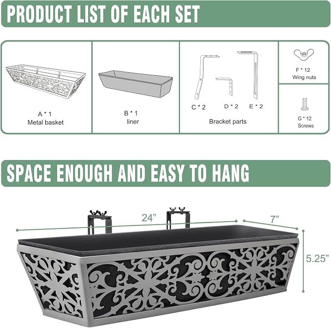 2 Pack 24 Inch Window Boxes Planter for Outdoor Plants Deck Railing Planters Box with Adjustable Brackets for Porch Fence Balcony Hanging Flower Baskets with Non-Woven Fabric Liner for Garden Decor