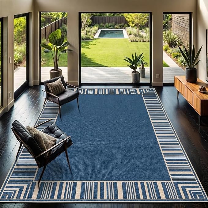 COZYLOOM Indoor Outdoor Rugs 8x10 Modern Easy Jute Washable Area Rug, Blue | Non Slip Neutral Bordered Non Shedding Stain Resistant Foldable Rug for Living Room Dining Room Bedroom Patio Backyard