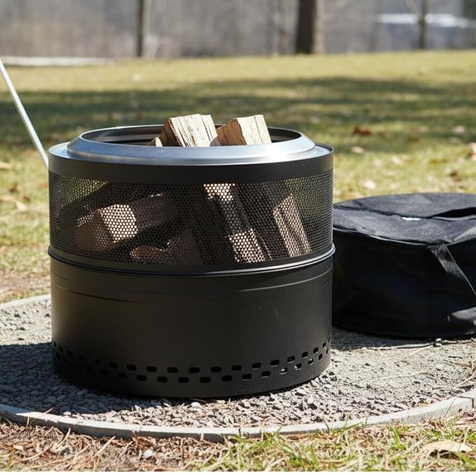 Outdoor Smokeless Fire Pit, 20'' Portable FirePits for Camping, Smokeless FirePit for Outside with Carry Bag, Wood Burning Stove, Stainless Steel，Black