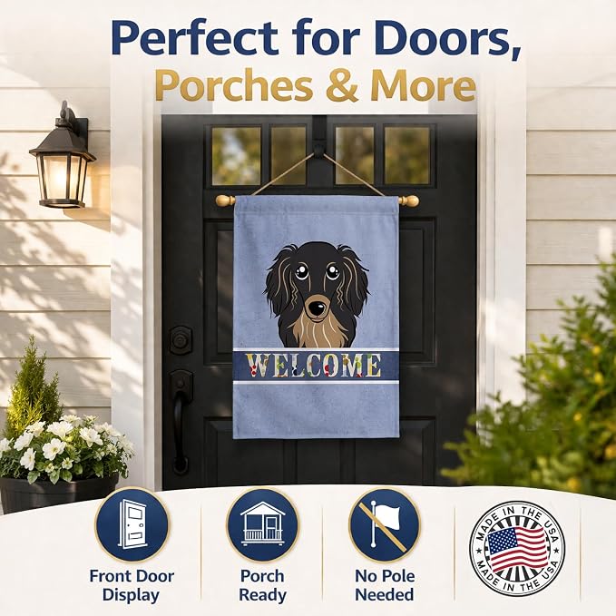 Caroline's Treasures BB1399CHF Longhair Black and Tan Dachshund Welcome House Flag, Blue Large Porch Sleeve Pole Decorative Outside Yard Banner Artwork Wall Hanging, Polyester, House Size, Multicolor
