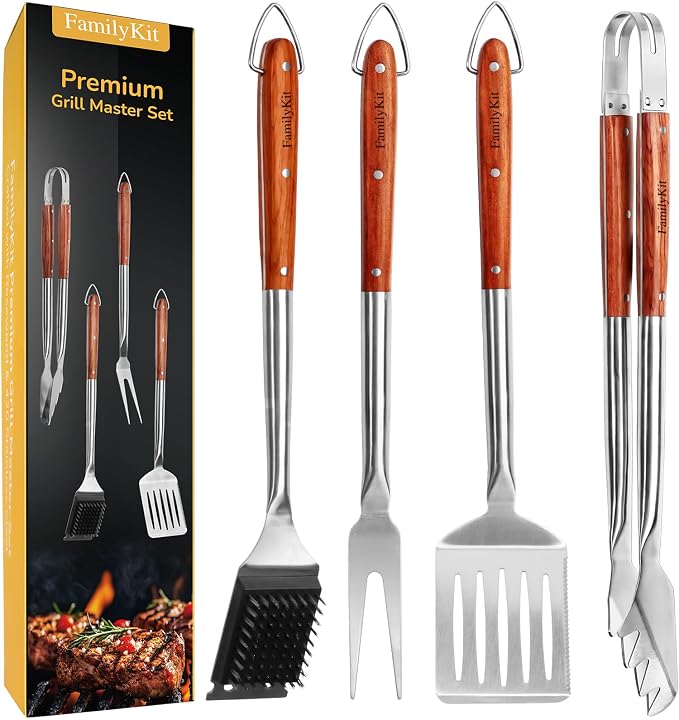 4PCS Grilling Accessories Rose Wooden BBQ Grilling Tools Set, Heavy Duty Stainless Steel Barbecue Grill Tools Kit with Spatula, Clips, Brushes, Forks for Outdoor Grill, BBQ Gift for Men and Women