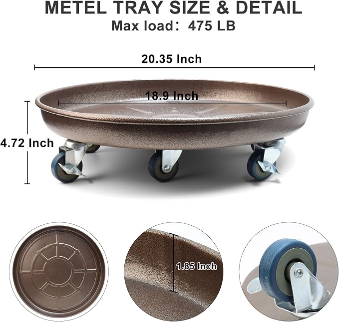 1 Pack 20 Inch Metal Plant Caddy With Lockable Wheels,Plant Stand Dolly for Heavy Planter,Wheeled Planter Saucer Tray,Rolling Plant Stand,Heavy-Duty Plant Caddy for Indoor and Outdoor(Copper)