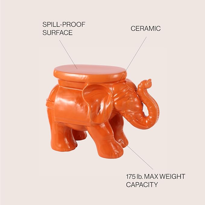 JONATHAN Y White Elephant 14.25" Glazed Ceramic Elephant Garden Stool, Weather-Resistant Indoor/Outdoor Patio Side Table and Plant Stand, Bohemian, Orange TBL1007C
