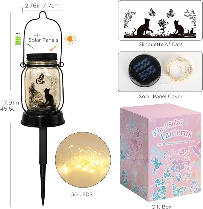 kyoryuger Cat Lover Gifts for Mom/Grandma/Women/Sister Cat Butterfly Solar Light Gifts Solar Lanterns Outdoor Waterproof Fairy Lights Led Mason Jar Hanging Cat Lamps Decor for Garden Yard Patio