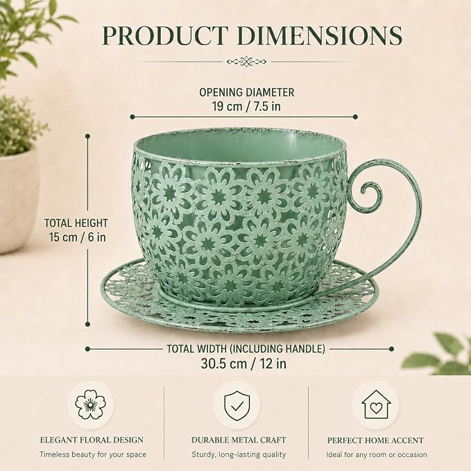 12 Inch Antique Metal Teacup Planter for Outdoor Plants Teapot Planter Floral Hollow Out Decorative Rustic Iron Flower Pot for Summer Garden Patio Home Decor (Vintage Green)
