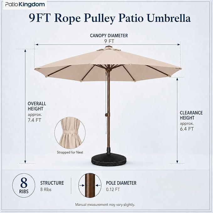 9FT Patio Umbrella, Outdoor Table Umbrella with Rope Pulley Lift, 3 Adjustable Heights, Market Umbrellas for Backyard, Pool and Deck, UPF50+