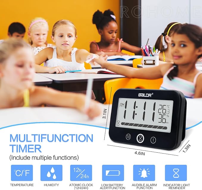 Waterproof Hanging Bathroom Wall Clock with Timer, Large Digital Shower Mirror Suction Clock Thermometer Hygrometer, Visual Kitchen Cooking Countdown Timer, Bath Temperature Humidity Meter (Black)