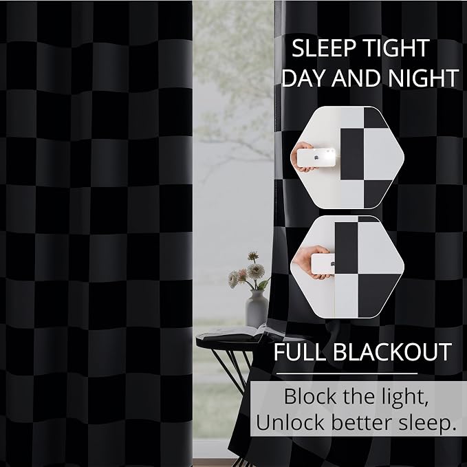 Rod Pocket & Back Tab Curtains, Race car Flag Checkered Curtains,100% Blackout, Thermal Insulated Noise Reducing Drapes for Bedroom, Black and White Curtains, 2 Panels, Each W52×L63
