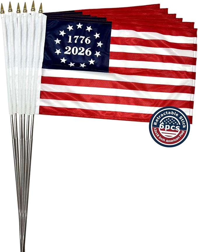 12x18 inch Small 1776-2026 American Flag on Stick 6 Pcs for 250th Anniversary, Mini Hand Held US USA Betsy Ross Flags with Retractable Stainless Steel Pole for Outside Yard 4th of July Decorations
