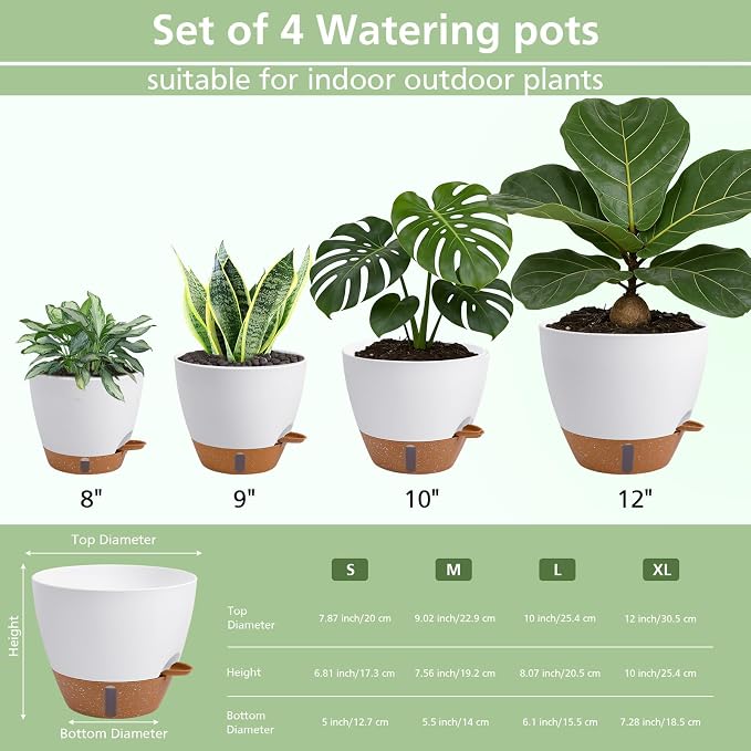 Self Watering Pots with Water Level Indicator, 12" 10" 9" 8" Large Plastic Flower Pots with Mesh Drainage Hole and Removable Saucer Reservoir for Indoor Outdoor Plants (White)