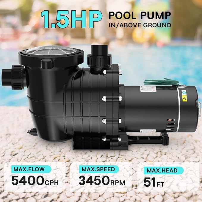 1.5HP Above/In Ground Pool Pump, 115V/230V 6600GPH Self Priming | High Flow Energy Efficient Pure Copper Motor, 1.5", 2", and 1.25"-1.5" Connectors, Strainer Basket & Drain Plug, Dual Voltage