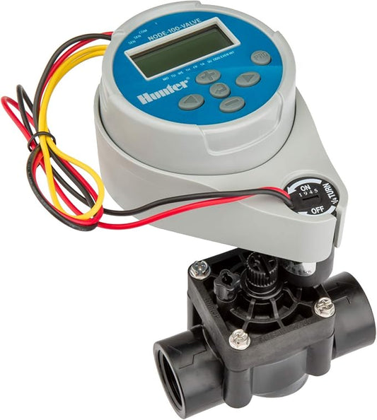 Hunter NODE-100 Battery Operated Sprinkler Timer with 1” PGV Valve & Solenoid, Waterproof, Wireless Irrigation Controller for Lawns, Drip Systems, Gardens