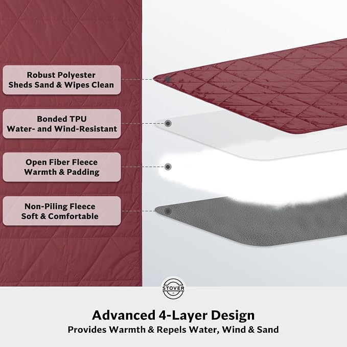STOVER Large Waterproof Outdoor Stadium Blanket- Extra Thick Soft Fleece Camping Blanket for Travel, Picnics, Sports, 79"x55", Warm, Windproof, Sand-Proof, Lightweight, Packable (Game Day Crimson)