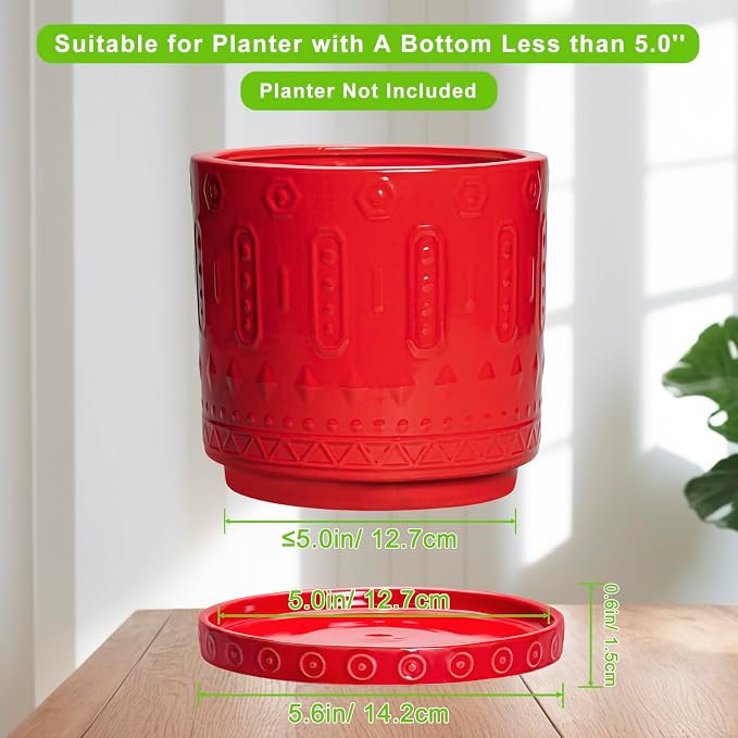 Eightpot Plant Water Catcher Tray, 5.6 Inch Plant Trays for Pots, Round Flower Pot Saucers for Indoor Outdoors, Boho Ceramic Plant Saucer, Decorative Plants Plates to Catch Water, Plants Dish, Red