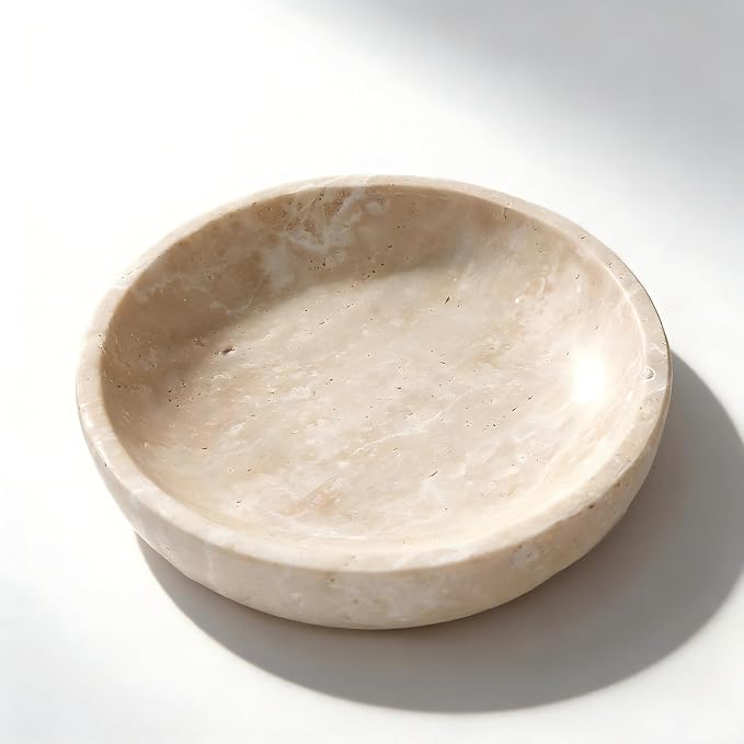 Travertine Decorative Bowl, 7.87-Inch Stone Catchall | Natural Key Bowl for Entryway Table, Coffee Table Centerpiece, Console Table and Living Room Decor