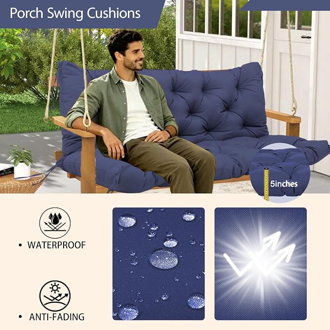 Outdoor Porch Swing Cushions Waterproof Thicken 5" Replacement Porch Swing Cushion with Backrest for Outdoor Furniture (Navy Blue 48 × 40 ")