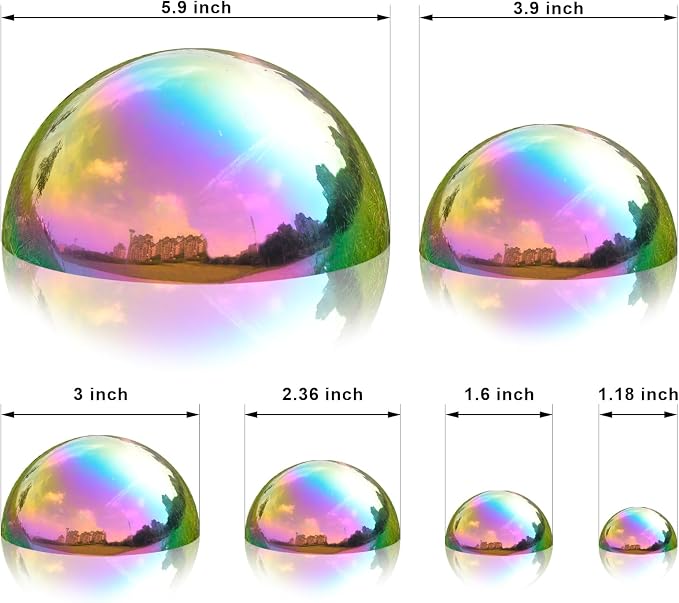 Gazing Ball Garden Mirror Outdoor - Outside Decorative Globe, Rainbow, 6Pcs | Metal Polished Reflective Hemisphere, Stainless Steel Hollow Decoration Ornament, for Home Pond Swimming Pool Housewarming