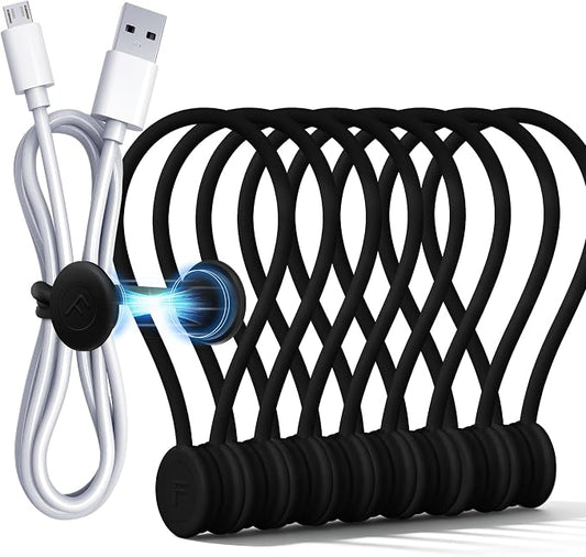 COOLMI Magnetic Cable Ties 8 Pack, 6.88 Inch Reusable Silicone Cord Organizer Wraps, Strong Magnet Cable Management Straps for Charging Cords, USB Cables, Earbuds, Desk, Travel, Black