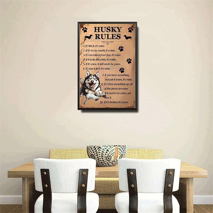 Metal Sign Tin Sign Vintage Wall Art Husky Rules Home Deccor Store Home Decor for Club 8×12 Inches with Metal Frame