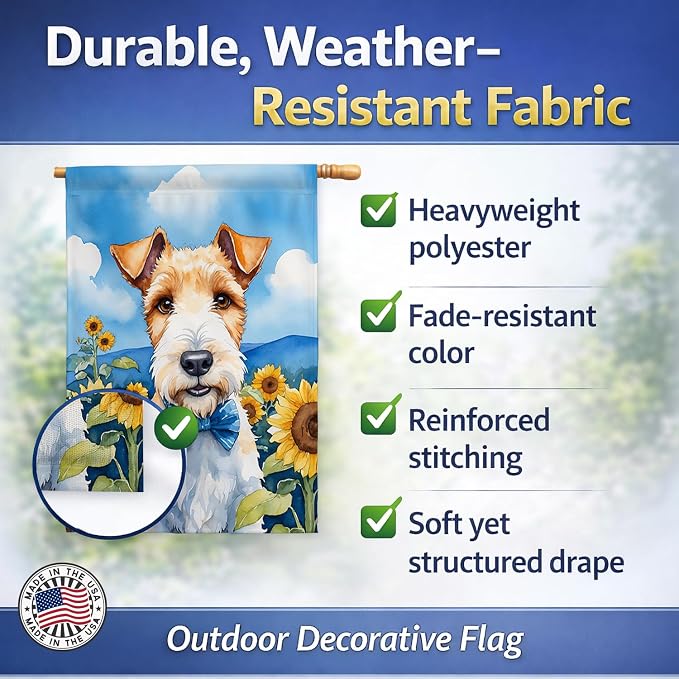 Caroline's Treasures DAC6079CHF Fox Terrier in Sunflowers House Flag Large Porch Sleeve Pole Decorative Outside Yard Banner Artwork Wall Hanging, Polyester, House Size, Multicolor