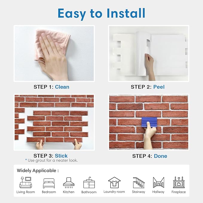 COMSTICKC 3D Faux Brick Wall Panel Peel and Stick, 3D Brick Wall Stickers, 12 pcs of 22.8" x 11.8", Not Real Brick, UrltraLight PVC Adhesive Fake Brick Backsplash Wall Covering Interior, 22.48 sq.ft