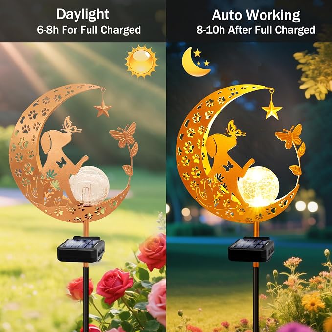 Solar Garden Lights Waterproof, Gift for Women Mom Grandma Wife Daughter, Dog Pathway Stake Lights, Glass Globe with Moon Dog Decor, Outdoor Decor Lights for Walkway Yard Lawn Patio Courtyard Garden